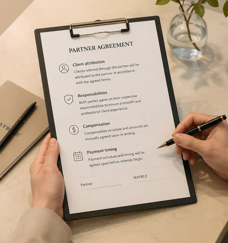 A printed MAYBLE partner agreement covering client attribution, responsibilities, compensation, and payment timing