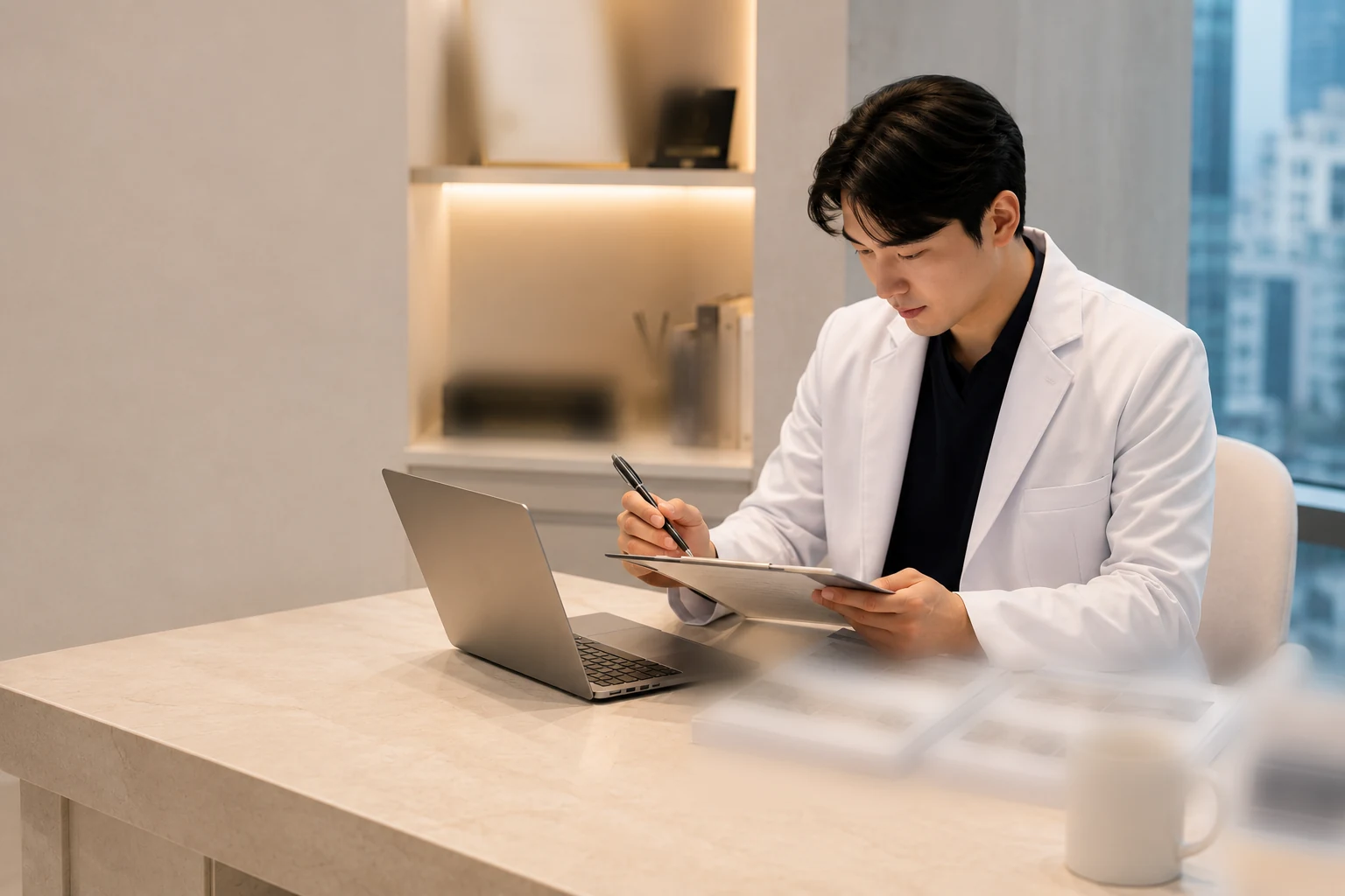 Physician reviewing clinic information in a modern medical office